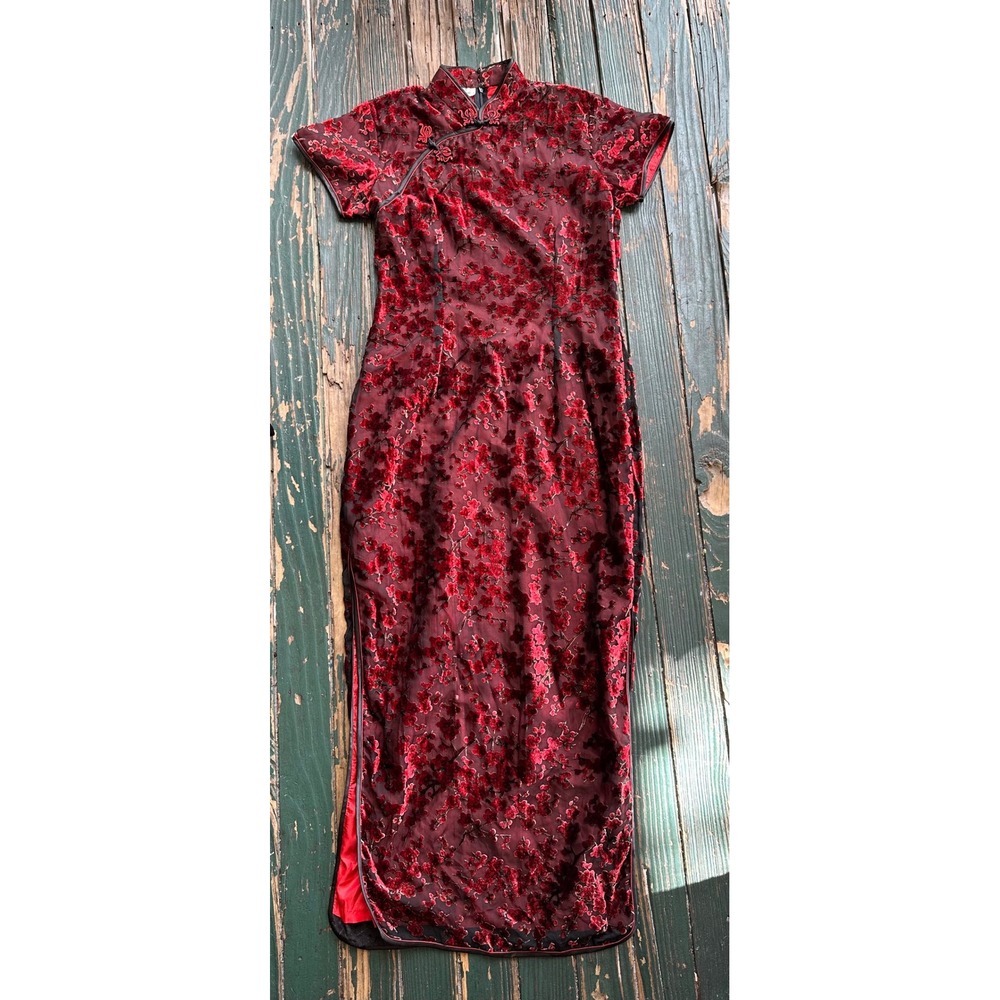 Qiongyu Burgundy Burnout Velvet Floral Qipao Cheongsam Maxi Dress Large